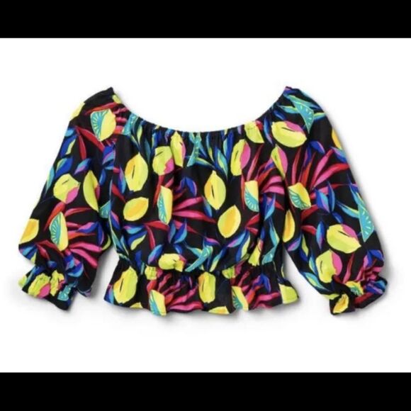 Tabitha Brown x Target Women's Lemon Print Bardot Top Black Small Linen Tropical - Picture 1 of 7